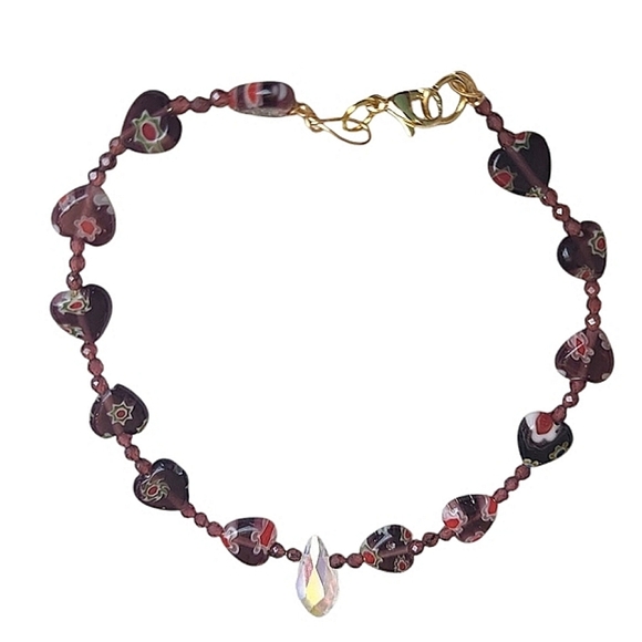 Garnet Millefiori Lampwork Glass Bead Heart Charm Teardrop Crystal Bracelet - Picture 2 of 4